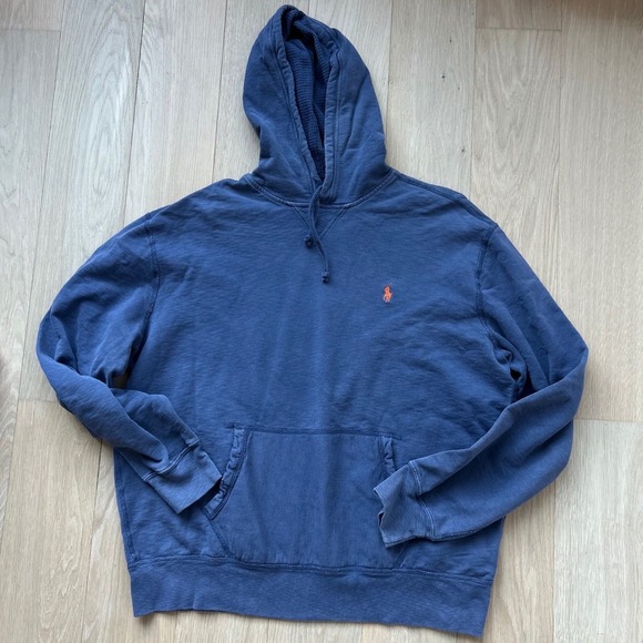 Vintage Polo Ralph Lauren Hoodie Blue Orange Pony Logo Pullover Fleece Men XL - Picture 3 of 11